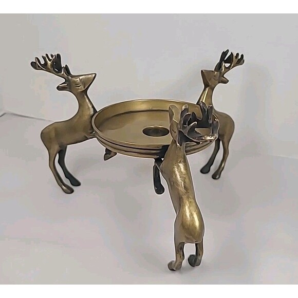 Brass Deer Reindeer Trio Footed Large Pillar Candle Holder Christmas Holiday - Picture 2 of 7